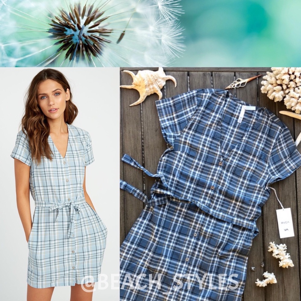 RVCA Blue Plaid Button-Front Tie-Waist Dress